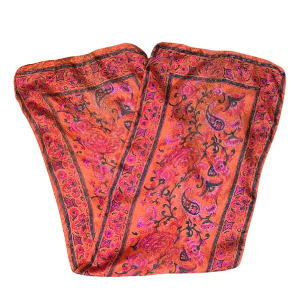 Vintage Orange Silk Scarf Rectangular Floral Paisley Print Rolled Hem Classic - Picture 1 of 4